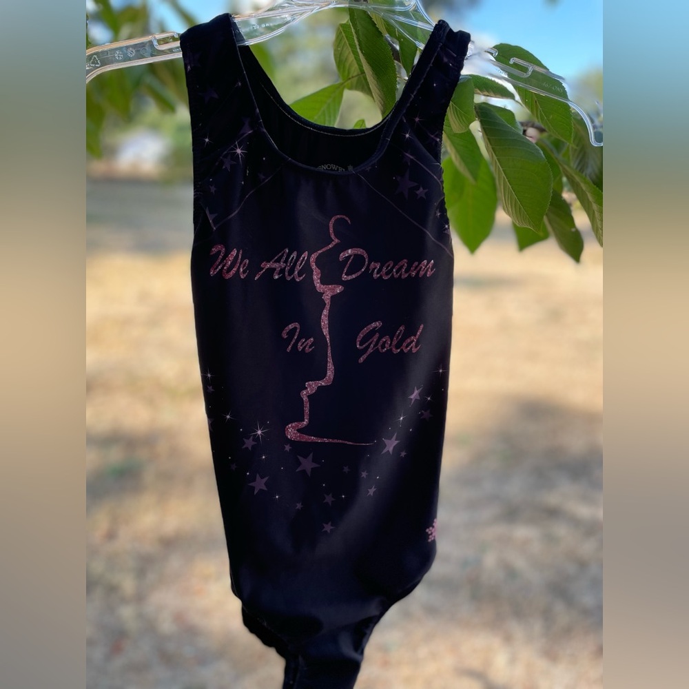 Snowflake Designs Leotard, AM, black with pink lettering/design, EUC